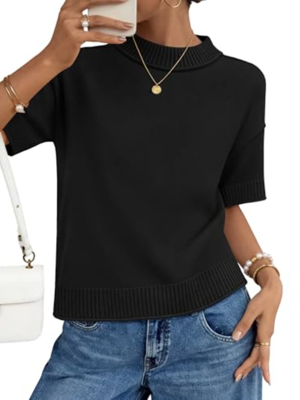 Women's Loose Knit Short Sleeve Sweater Top Lightweight Pullover - Picture 2 of 7